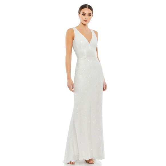 Mac Duggal SEQUINED SLEEVELESS V NECK COLUMN GOWN size 8 in white - Picture 1 of 16